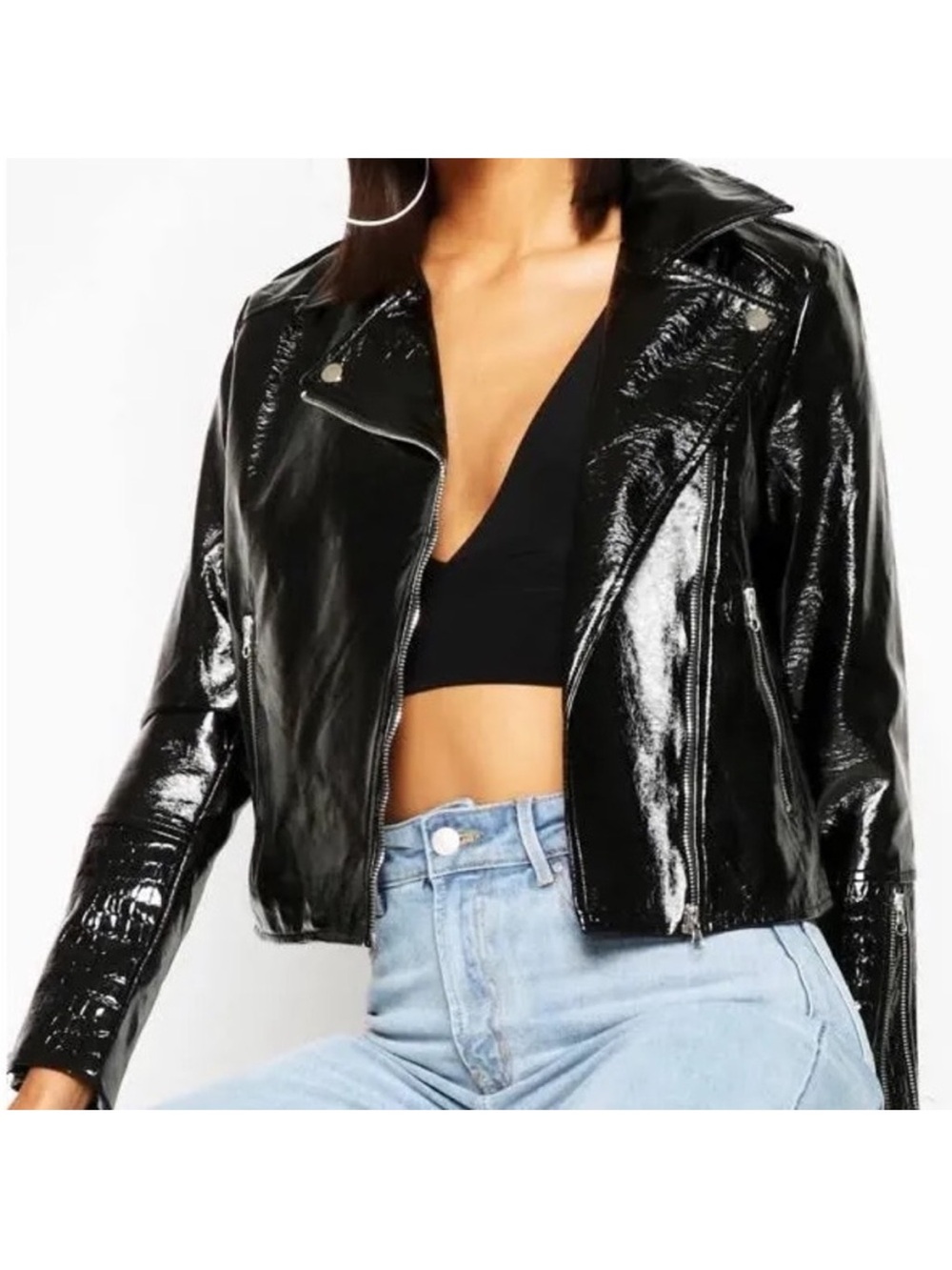 Nasty Gal Black Patent Faux Leather Biker Jacket